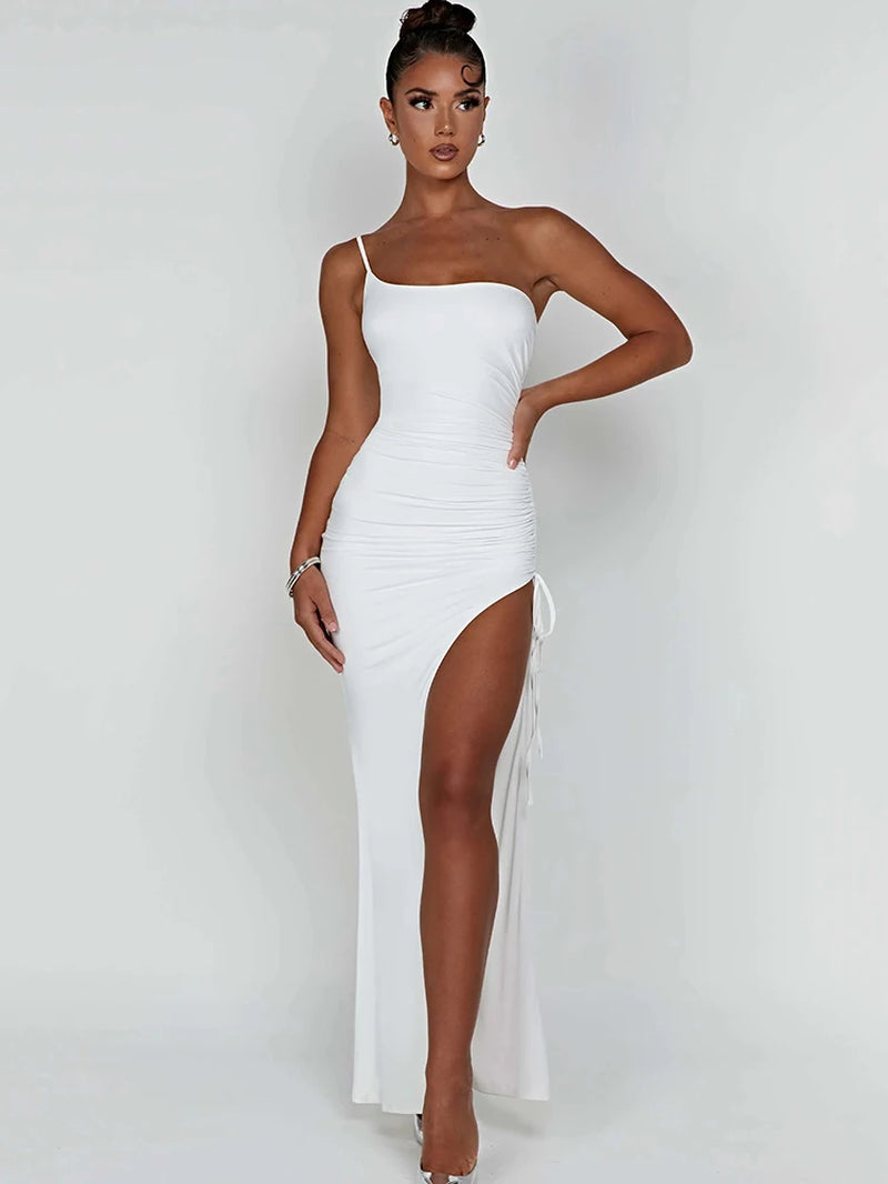 Drawstring High Slit Dress One Shoulder Bodycon Dress