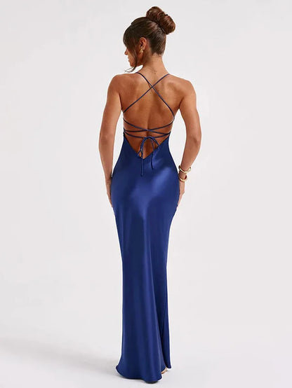 Sexy Spaghetti Strap Bodycon Satin Dress with Open Back Lace up Female Long Dress Elegant Party Club Evening Dress 2024