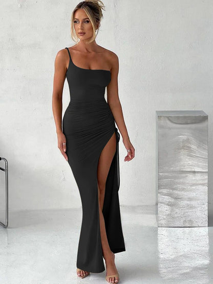 Drawstring High Slit Dress One Shoulder Bodycon Dress