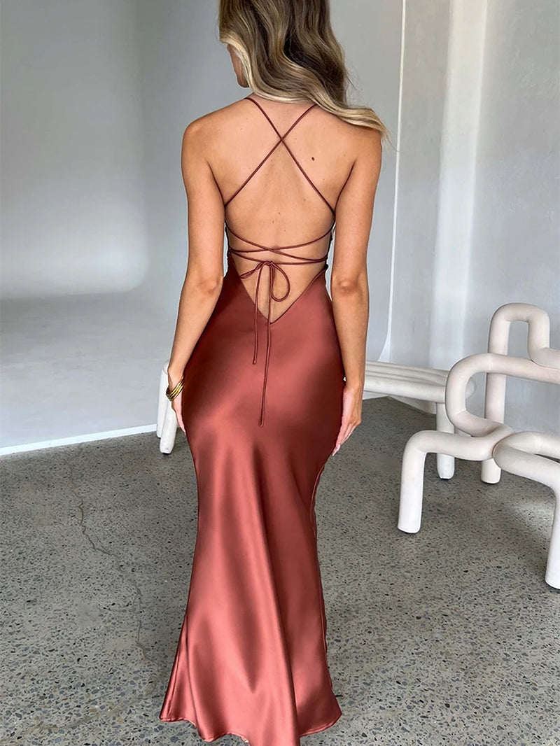 Satin Backless Lace up Mermaid Slip Bodycon Dress