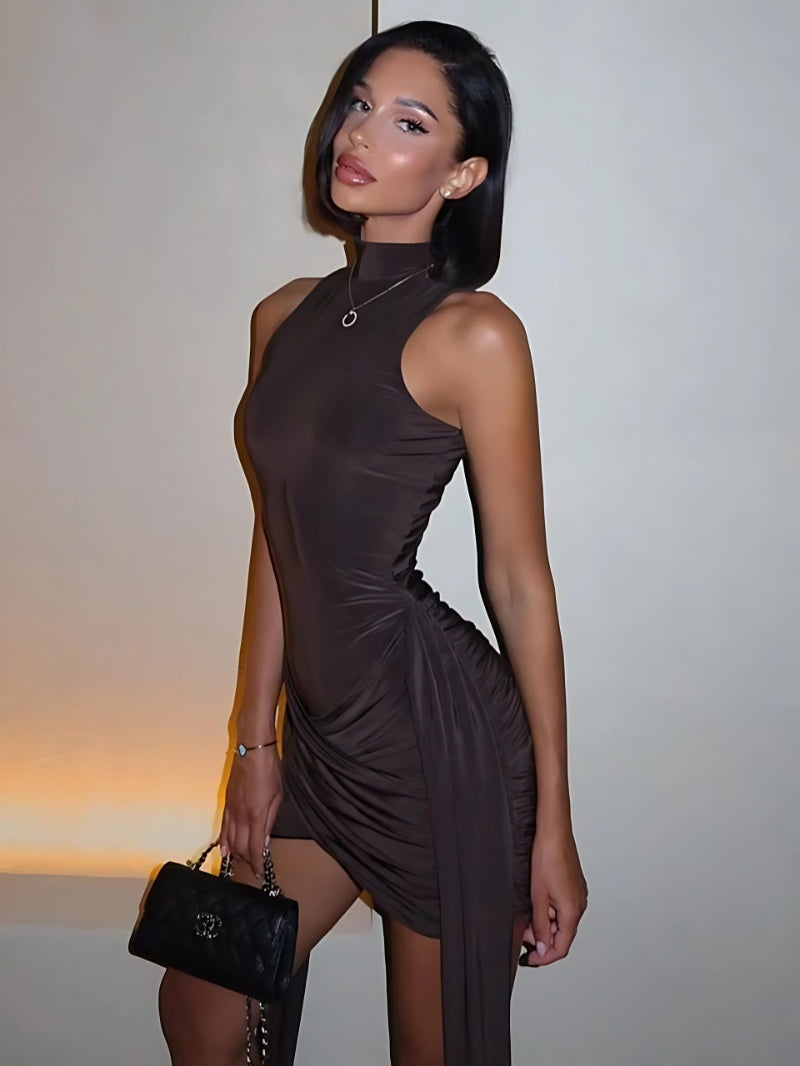 Elegant Turtleneck Sleeveless Irregular Ruched Tank Dress Mini Dress