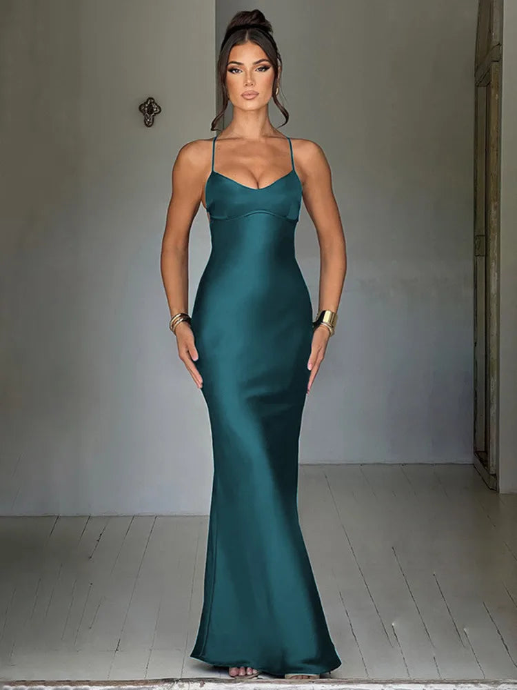 Sexy Spaghetti Strap Bodycon Satin Dress with Open Back Lace up Female Long Dress Elegant Party Club Evening Dress 2024