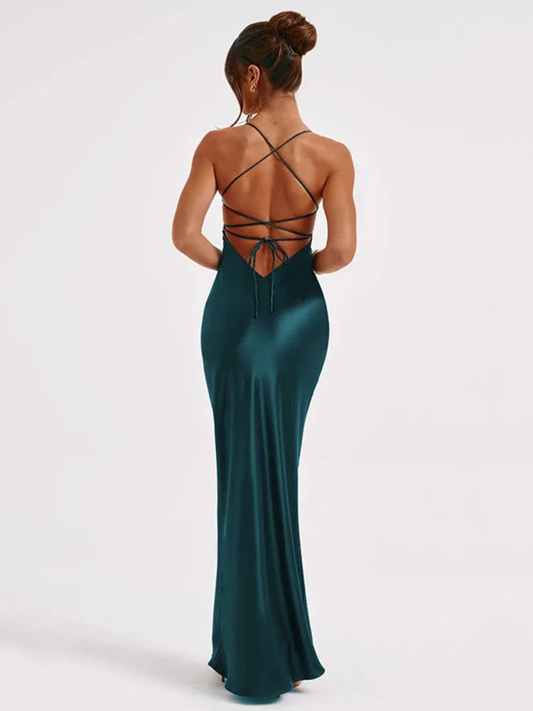 Sexy Spaghetti Strap Bodycon Satin Dress with Open Back Lace up Female Long Dress Elegant Party Club Evening Dress 2024