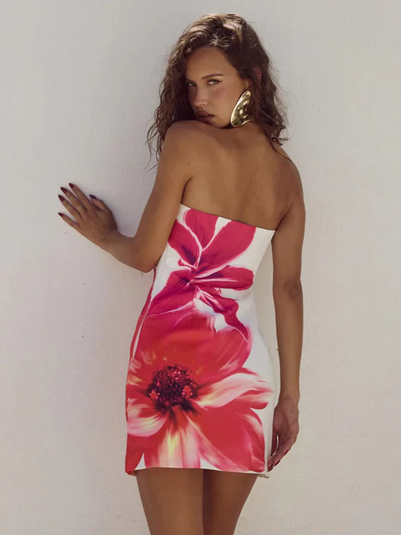 Strapless Backless Off-Shoulder Sleeveless Bodycon Floral Design Mini Dress