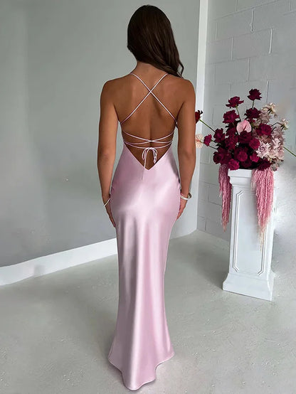 Sexy Spaghetti Strap Bodycon Satin Dress with Open Back Lace up Female Long Dress Elegant Party Club Evening Dress 2024