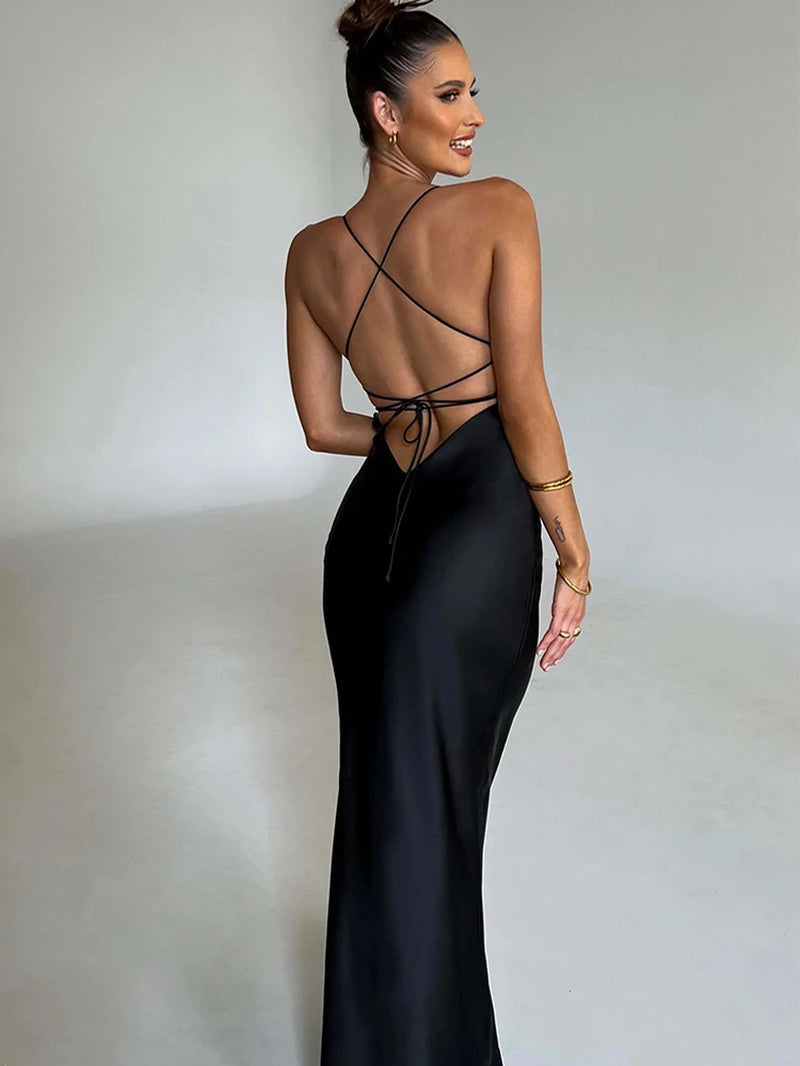 Satin Backless Lace up Mermaid Slip Bodycon Dress