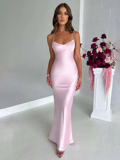 Sexy Spaghetti Strap Bodycon Satin Dress with Open Back Lace up Female Long Dress Elegant Party Club Evening Dress 2024