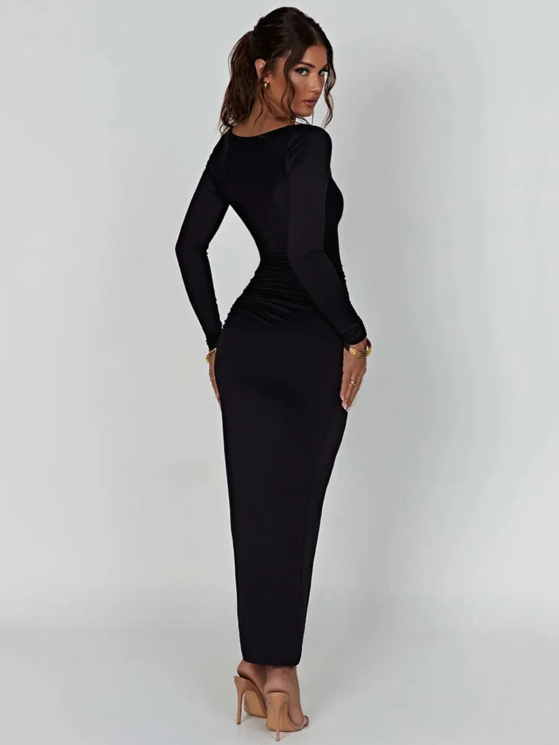 Long Sleeve Ruched High Split Bodycon Dress