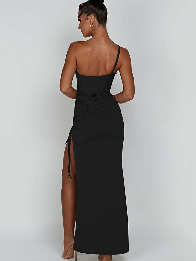 Drawstring High Slit Dress One Shoulder Bodycon Dress