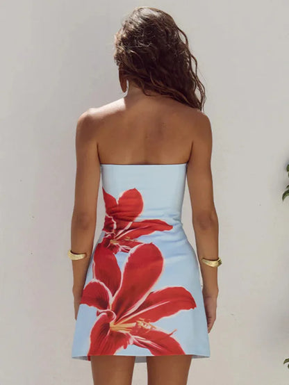 Strapless Backless Off-Shoulder Sleeveless Bodycon Floral Design Mini Dress