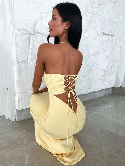 Strapless Backless Lace-Up Off-Shoulder Sleeveless Bodycon Dress